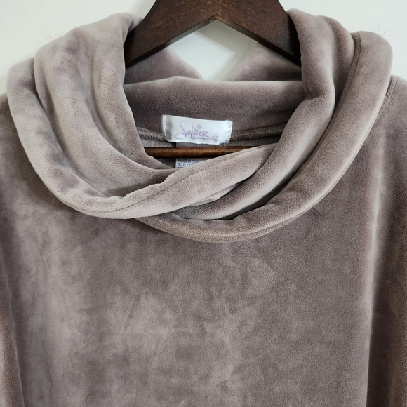 Softies Cozy Soft Velour Taupe Women's Cowl Neck Pullover Sweater L/XL Lounge - Picture 6 of 11